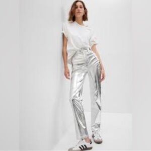 GAP Cheeky Straight High Rise Silver Metallic Jeans, 32/14R